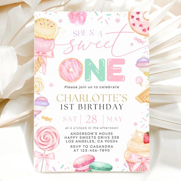 Invitación de cumpleaños para niña, invitación para el primer cumpleaños, invitación con temática de postres, fiesta de dulces, helados y donas, editable, Canva 5x7