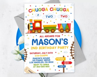 Train Birthday Invitation Train Party Invite Chugga Chugga Two Two 2nd Birthday Boy Blue Vehicle, BS2401