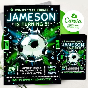 Editable Soccer Birthday Invitation, Boy Soccer Invitation,, BS2401 image 1