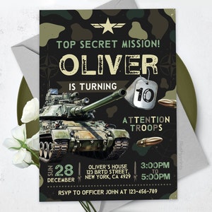 Military Party Invitations, Army Birthday Invitation, Soldier Birthday Invitation, Military Invite, Editable Canva Template BS2401 image 3
