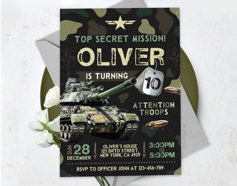 Military Party Invitations, Army Birthday Invitation, Soldier Birthday Invitation, Military Invite, Editable Canva Template BS2401 image 3