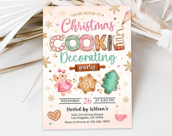 May include: A pink and gold Christmas cookie decorating party invitation with a gingerbread person, a Christmas tree, and a cookie with icing. The text reads "You're invited to a Christmas Cookie Decorating Party" and includes the date, time, and location of the party.
