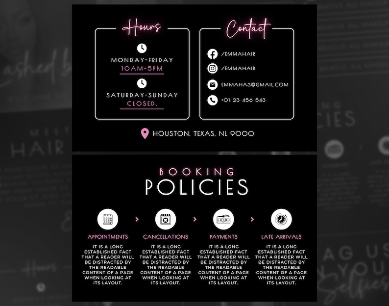 May include: Black and white graphic with pink text outlining the hours of operation and contact information for a hair salon. The salon is located in Houston, Texas. The graphic also includes a section on booking policies with icons for appointments, cancellations, payments, and late arrivals.