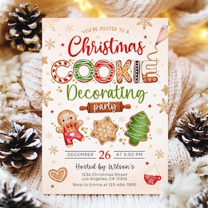 Faire-part de décoration de biscuits de Noël, invitation à une fête des fêtes, biscuits, pain d'épice, modèle canva modifiable 01