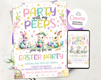 Easter Egg Hunt Invitation, Party with Peeps, Easter Bunny Invitation, Easter Party Invite, Editable Canva TemplateBS2401