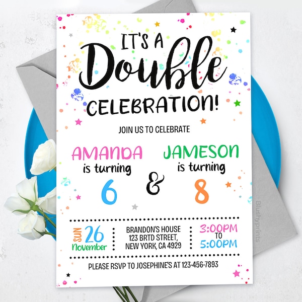 Editable Joint Birthday Party, Sibling Birthday Invitation, Double Birthday Invitation, BS2403