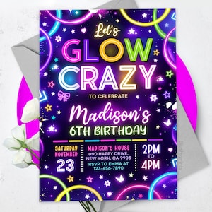Glow Party Geburtstagseinladung, Glow Einladung, Glow Crazy Geburtstagseinladung, Canva Editable BS2501