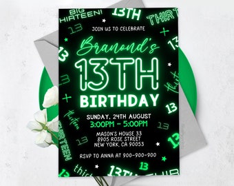 May include: A black and green birthday invitation with neon green text that says "Join us to celebrate Brandon's 13th Birthday". The invitation includes the date and time of the party, the location, and an RSVP number.