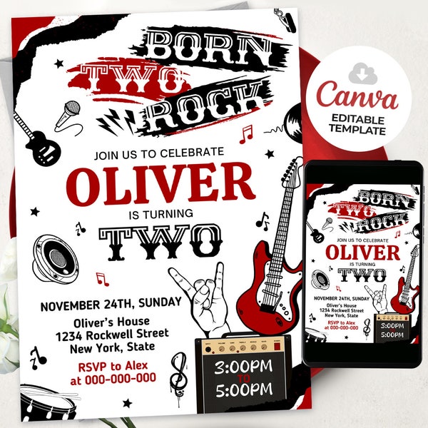 Born Two Rock 2nd Birthday Party Invitation,  Boy Rock And Roll Party Invitation, Punk Rock, Music Band Invitation, BS2401