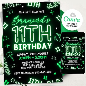 Invito al neon per l'11° compleanno, invito per il compleanno di un ragazzo, invito luminoso, modello Canva BS2401