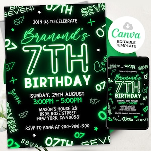 Neon 7Th Birthday Invitation, Boy Birthday Invitation, Glow Invitation, Canva Template BS2401