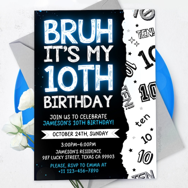Boy 10Th Birthday Invitation, Bruh Invitation, Bruh its my birthday invitation, BS2401