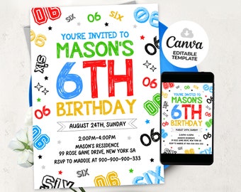 Invitación de sexto cumpleaños, invitación de cumpleaños de niño, invitación de cumpleaños con número, plantilla Canva BS24051
