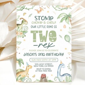 May include: A rectangular birthday invitation card featuring watercolour illustrations of dinosaurs, palm trees, and a volcano. The text reads: STOMP CHOMP & CHEW! OUR LITTLE DINO IS TWO-REX. PLEASE JOIN US TO CELEBRATE JASON'S 2ND BIRTHDAY! SUN NOV 23TH AT 2PM.