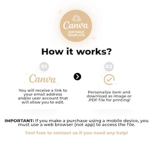 May include: A white graphic with text that reads "Canva EDITABLE TEMPLATE" and "How it works?" with numbered steps. The steps explain how to edit and download the item as an image or PDF. Additional text provides instructions for mobile device users.