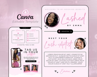 Op de afbeelding: Een roze en witte mockup van een mobiel telefoonscherm met een website voor een wimperstyliste. De website heeft een roze en zwarte kleurstelling en bevat een foto van de wimperstyliste, een beschrijving van haar diensten en een call-to-action om een afspraak te maken. De tekst op het scherm luidt "Lashed by Emma", "Meet Your Lash Artist" en "Emma".