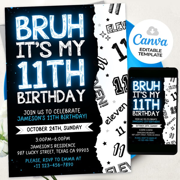 Boy 11Th Birthday Invitation, Bruh Invitation, Bruh its my birthday invitation, BS2401