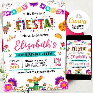 Editable Fiesta Birthday Party Invitation, Fiesta Invitation, Mexican Theme Invitation, Cinco De Mayo, Canva Template BS240105M