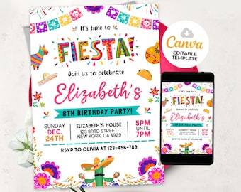 Pode incluir: Um convite imprimível colorido para uma festa de aniversário de 8 anos com tema de festa. O convite apresenta um cacto com chapéu, uma piñata e o texto "É hora de festa! Junte-se a nós para celebrar o oitavo aniversário de Elizabeth!"
