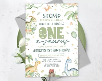 Dinosaur First Birthday Invitation, EDITABLE One-A-Saurus Party Invite, Boy 1st Birthday, BS2401