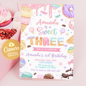 Sweet Three Birthday Invitation, 3rd Birthday Girl Donut Invitation Blush Pink Three Year Dessert Invite, Editable Canva Template BS2401