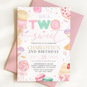 Op de afbeelding: Een rechthoekige verjaardagsuitnodigingskaart met aquarelillustraties van ijsjes, donuts, lolly's en cupcakes. De tekst luidt: SHE'S TWO sweet, CHARLOTTE'S 2ND BIRTHDAY, SAT 28 MAY, at 4 o'clock in the afternoon, ANDERSON'S HOUSE, HAPPY SWEETS DRIVE 33B, LOS ANGELES, CA 90504, RSVP TO CASANDRA AT 123-456-7890.