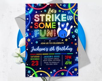 Invitación de cumpleaños de bolos, ¡Vamos a divertirnos jugando a los bolos! Invitación con brillo neón arcoíris, Canva editable BS2502