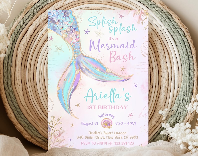 Meerjungfrau-Geburtstagseinladung, Mermaid Bash unter dem Meer-Geburtstag einladen, Meerjungfrau lädt ein, bearbeitbares Canva BS2402 Bild 3