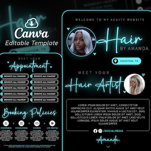 May include: A black digital template for a hair stylist's business, featuring a neon teal design. The template includes sections for appointments, booking policies, and social media links. The text reads "Hair by Amanda" and "Houston, TX."