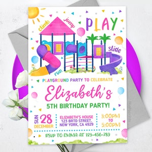 May include: A colorful invitation for a 5th birthday party with a playground theme. The invitation features a cartoon illustration of a playground with a slide, a climbing frame, and a swing set. The text on the invitation reads "Playground Party to Celebrate Elizabeth's 5th Birthday Party!" and includes the date, time, and location of the party.