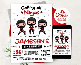 Editable Ninja Birthday Invitation, Ninja Warrior Party Invitation, Karate Boys Birthday Invite, BS2401