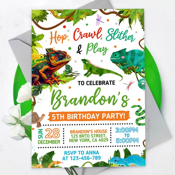 Faire-part d'anniversaire reptile modifiable, invitation de reptiles de la jungle, BS2401