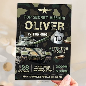 Military Party Invitations, Army Birthday Invitation, Soldier Birthday Invitation, Military Invite, Editable Canva Template BS2401 image 2