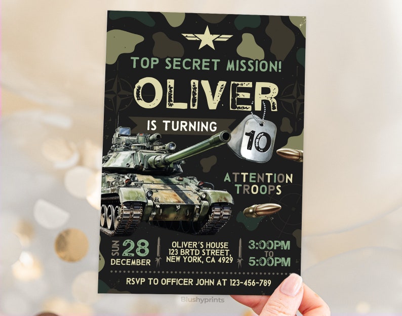 Military Party Invitations, Army Birthday Invitation, Soldier Birthday Invitation, Military Invite, Editable Canva Template BS2401 image 2