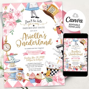 Alice in Wonderland Invitation, Onederland Invitation, 1st Birthday Girl Invitation, Whimsical Tea Party Invite, Editable Template BSP2403