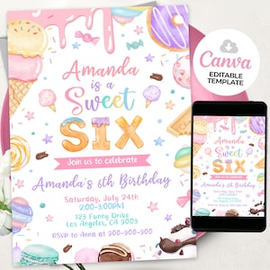 Sweet Six-verjaardagsuitnodiging, 6e verjaardag meisje donut uitnodiging blush roze zes jaar dessert uitnodigen, bewerkbare canvas sjabloon BS2401