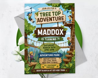 Invito di compleanno per avventura tra gli alberi, modello per festa al parco all'aperto, invito per zip line nella giungla, modello Canva