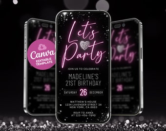 Neon Pink Digital Invitation Template, Digital Evite, Birthday Text Message Invitation, Digital Party Invite BS240401