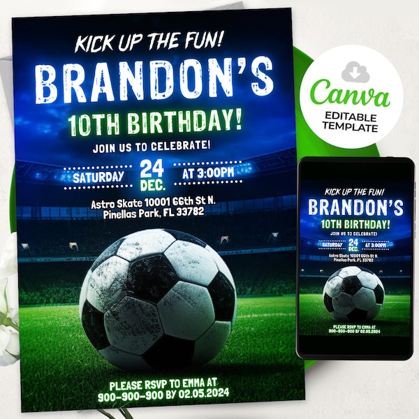 Soccer Birthday Invitation, Editable Boy Soccer Invitation, BSM031