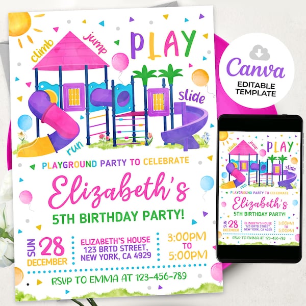 Playground Birthday Invitation EDITABLE, Park Party Invitation, Outdoor Party Invite, Girl Birthday Invites, BS2402