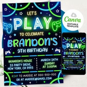 Video Game Party Invitation, Level Up Birthday Invite, Gamer Boy Template, Arcade Party, Let's Play, BS2401