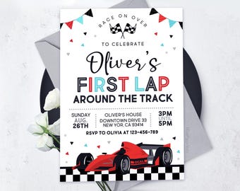 Race Car First Birthday Invitation, First Lap Around The Track Invite, Boy Birthday Invitation, Editable Canva BS2401