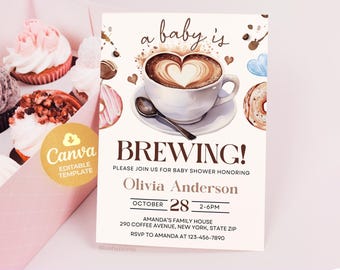 Ein Baby braut Babypartyeinladung, Kaffee-Babyparty einladen, Babyparty einladen Geschlechtsneutral bearbeitbare Canva-Vorlage BS2402
