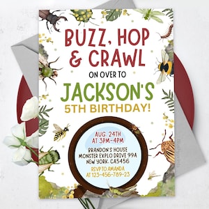 Könnte beinhalten: Eine weiße Einladung mit einem grünen, braunen und gelben Insekten-Motiv. Der Text lautet "Buzz, Hop & Crawl" on over to Jackson's 5th Birthday! Aug. 24th at 3pm-4pm Brandon's House Monster Explo Drive 99A New York. CA5456 RSVP to Amanda at 123-456-789-23