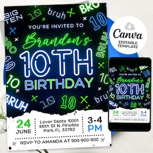 Junge 10. Geburtstagseinladung, Bruh Geburtstagseinladung, Neon, Glow Einladung, Canva Vorlage BS2401