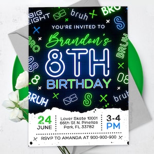 May include: A neon green and blue birthday invitation for an 8th birthday party. The invitation has a black background with the text "Brandon's 8th Birthday" in neon green and blue letters. The invitation also includes the date and time of the party, as well as the location. RSVP information is included at the bottom of the invitation.