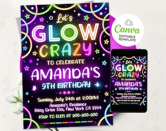 Puede incluir: Invitación a una fiesta de cumpleaños con temática de brillo en la oscuridad con un fondo negro y círculos de neón coloridos. El texto dice "Let's Glow Crazy to Celebrate Amanda's 9th Birthday".