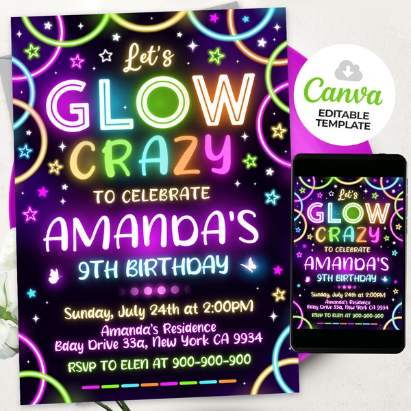 Glow Party Birthday Invitation, Glow Invitation, Glow Crazy Invites, Neon Party Invite, Neon Lights, Glow Party Template, BS2401