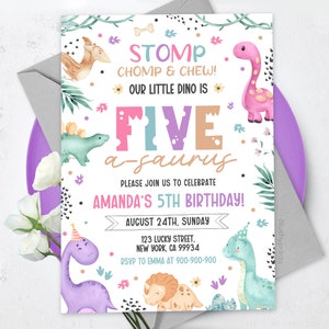 May include: A colorful dinosaur-themed birthday invitation for a 5-year-old. The invitation features a pink, purple, and green dinosaur with the text "Stomp Chomp & Chew! Our Little Dino is Five-a-saurus". The invitation also includes the text "Amanda's 5th Birthday! August 24th, Sunday".