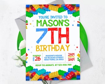 Editable Building Blocks Birthday Invitation, Blocks Invitation, Construction Invitation BS2401